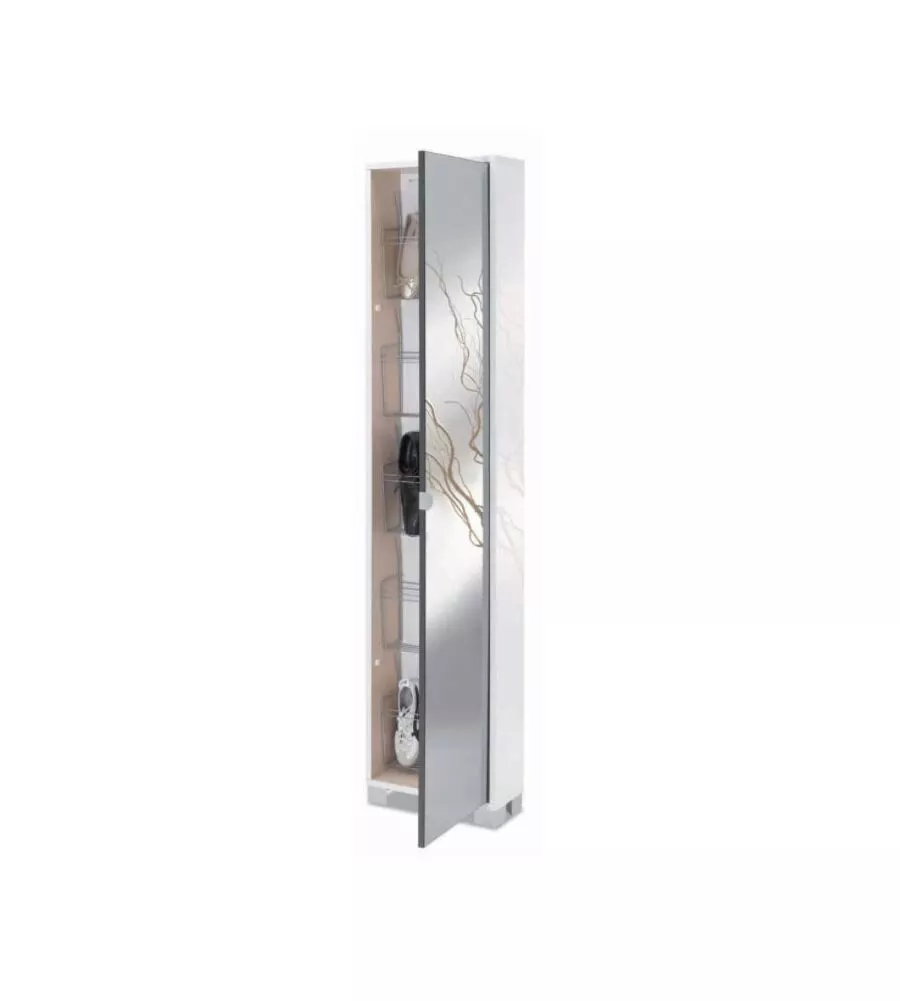 ARMADIO SCARPIERA BIANCO LUCIDO CON ANTA A SPECCHIO, 43X190X18 CM